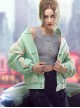 New Chinese Style Cyan Denim Splicing Leather Washing Craft Thickened Windproof Cyberpunk Hooded Short Jacket