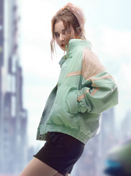 New Chinese Style Cyan Denim Splicing Leather Washing Craft Thickened Windproof Cyberpunk Hooded Short Jacket