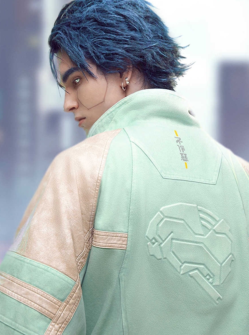 New Chinese Style Cyan Denim Splicing Leather Washing Craft Thickened Windproof Cyberpunk Hooded Short Jacket