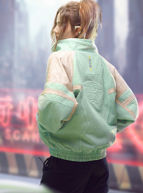 New Chinese Style Cyan Denim Splicing Leather Washing Craft Thickened Windproof Cyberpunk Hooded Short Jacket