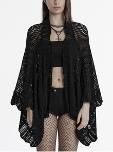 Sexy Black Hollow Loose Simple Version Unique Woven Texture Gothic Style Cardigan