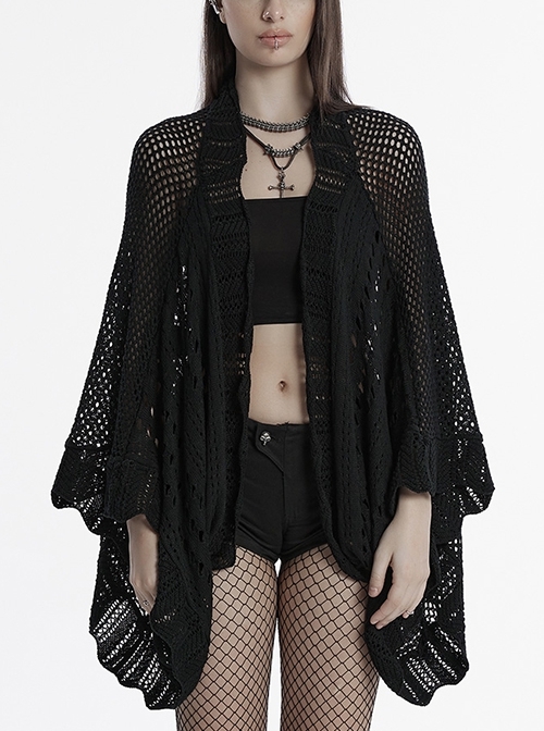 Sexy Black Hollow Loose Simple Version Unique Woven Texture Gothic Style Cardigan