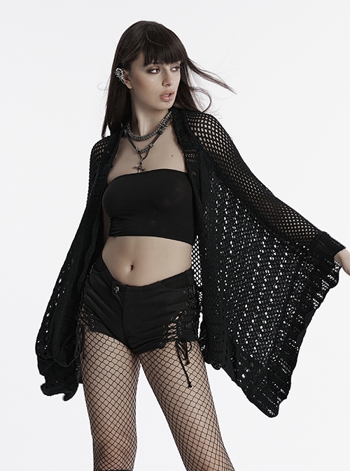 Sexy Black Hollow Loose Simple Version Unique Woven Texture Gothic Style Cardigan