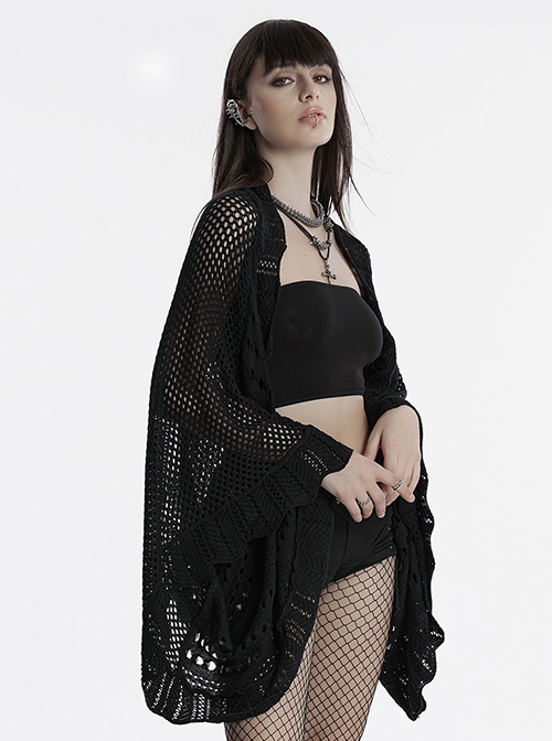 Sexy Black Hollow Loose Simple Version Unique Woven Texture Gothic Style Cardigan