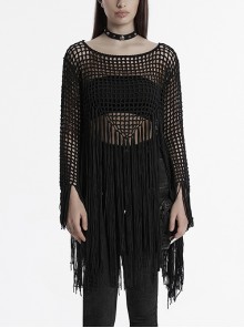 Sexy Black Hollow Personalized Tassel Woven Gothic Style Long Sleeves Sweater