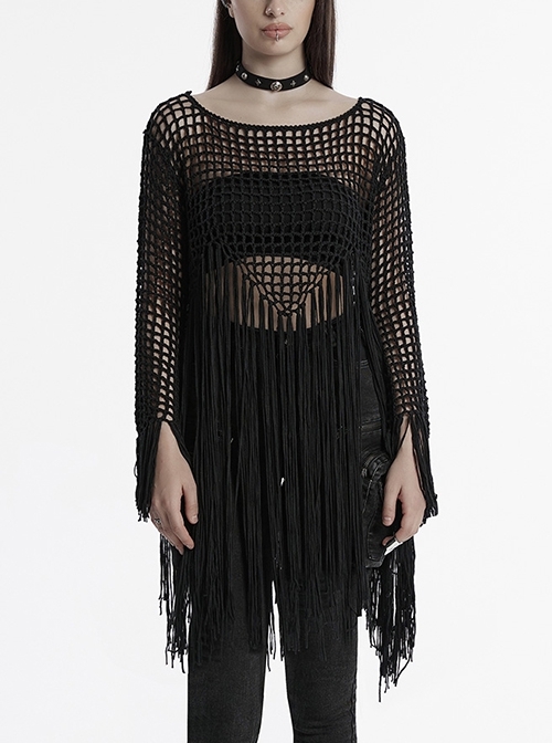 Sexy Black Hollow Personalized Tassel Woven Gothic Style Long Sleeves Sweater