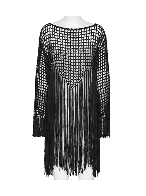 Sexy Black Hollow Personalized Tassel Woven Gothic Style Long Sleeves Sweater