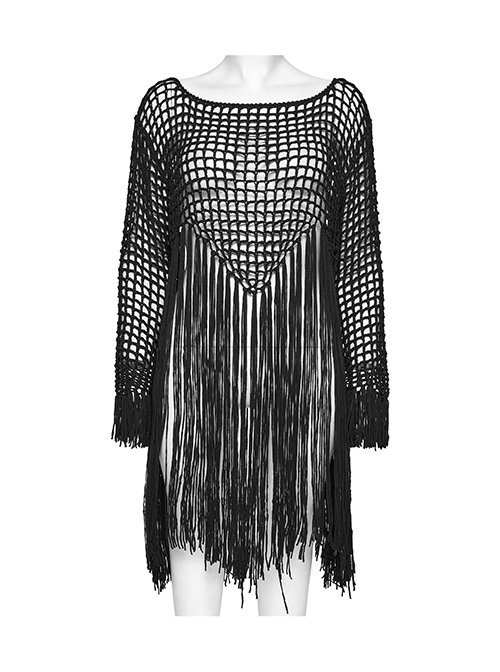 Sexy Black Hollow Personalized Tassel Woven Gothic Style Long Sleeves Sweater