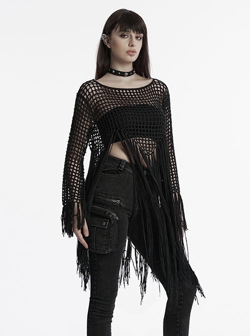 Sexy Black Hollow Personalized Tassel Woven Gothic Style Long Sleeves Sweater