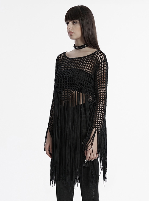 Sexy Black Hollow Personalized Tassel Woven Gothic Style Long Sleeves Sweater