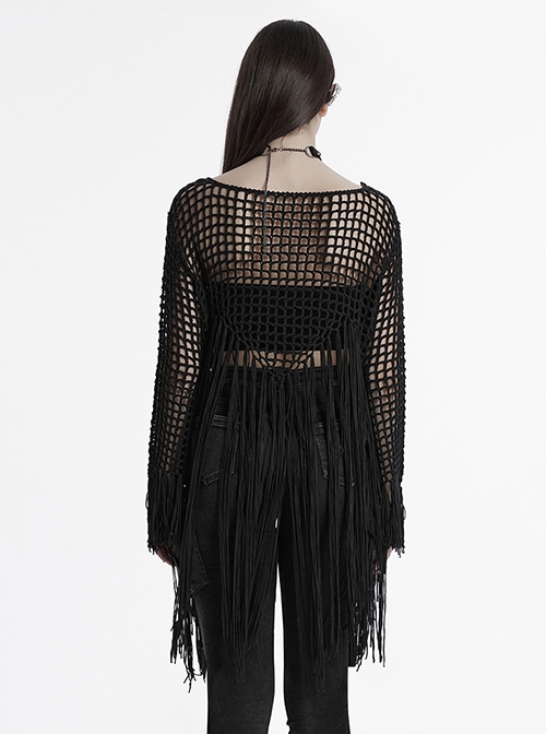 Sexy Black Hollow Personalized Tassel Woven Gothic Style Long Sleeves Sweater