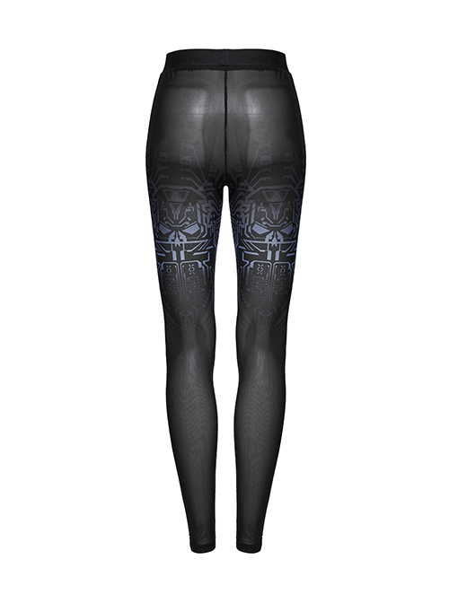 Cool Black Cyber Mechanical Skull Print Elastic Slim Fit Minimalist Punk Style Gradient Pants