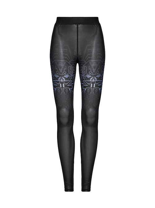 Cool Black Cyber Mechanical Skull Print Elastic Slim Fit Minimalist Punk Style Gradient Pants