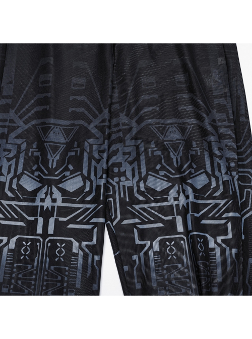 Cool Black Cyber Mechanical Skull Print Elastic Slim Fit Minimalist Punk Style Gradient Pants