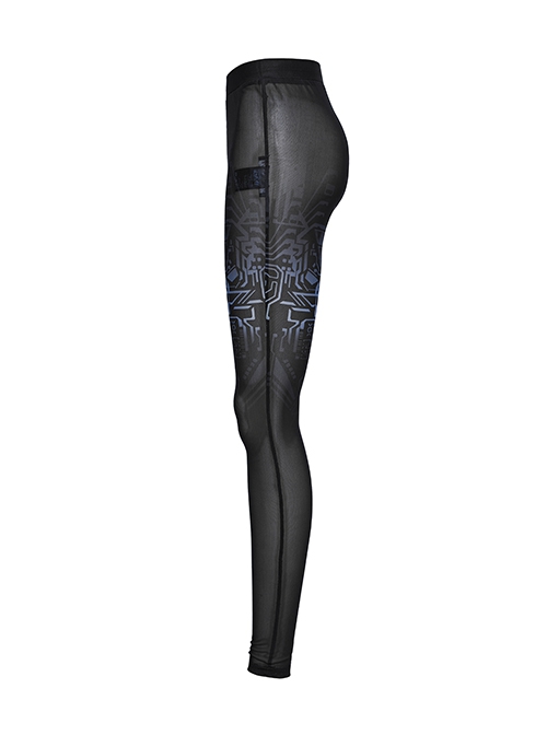 Cool Black Cyber Mechanical Skull Print Elastic Slim Fit Minimalist Punk Style Gradient Pants