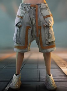 Summer Meteorite Gray Washed Distressed Denim Stitching Leather Three-Dimensional Double-Layer Pocket Cyberpunk Short Pants