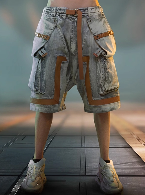 Summer Meteorite Gray Washed Distressed Denim Stitching Leather Three-Dimensional Double-Layer Pocket Cyberpunk Short Pants