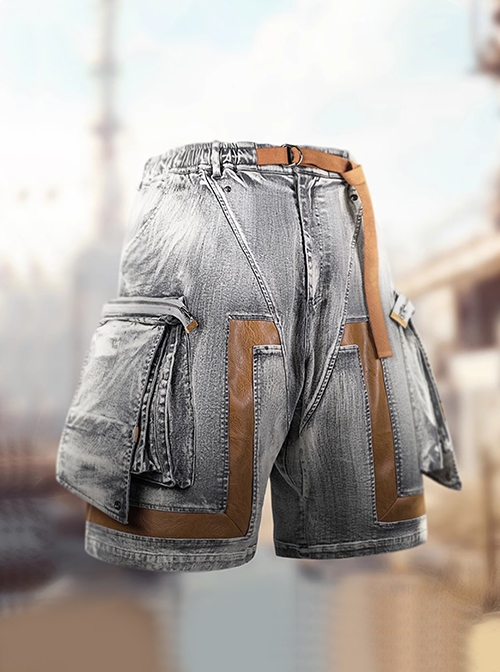 Summer Meteorite Gray Washed Distressed Denim Stitching Leather Three-Dimensional Double-Layer Pocket Cyberpunk Short Pants