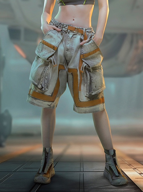 Summer Meteorite Gray Washed Distressed Denim Stitching Leather Three-Dimensional Double-Layer Pocket Cyberpunk Short Pants