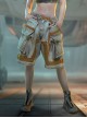 Summer Meteorite Gray Washed Distressed Denim Stitching Leather Three-Dimensional Double-Layer Pocket Cyberpunk Short Pants