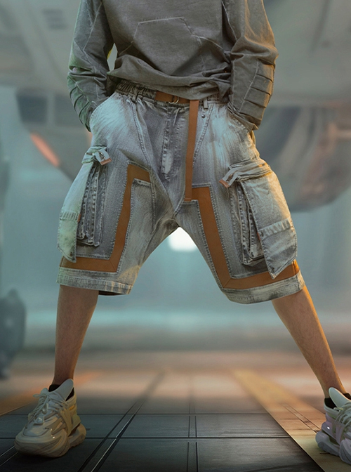 Summer Meteorite Gray Washed Distressed Denim Stitching Leather Three-Dimensional Double-Layer Pocket Cyberpunk Short Pants