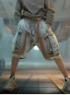Summer Meteorite Gray Washed Distressed Denim Stitching Leather Three-Dimensional Double-Layer Pocket Cyberpunk Short Pants