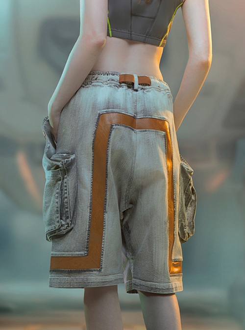 Summer Meteorite Gray Washed Distressed Denim Stitching Leather Three-Dimensional Double-Layer Pocket Cyberpunk Short Pants