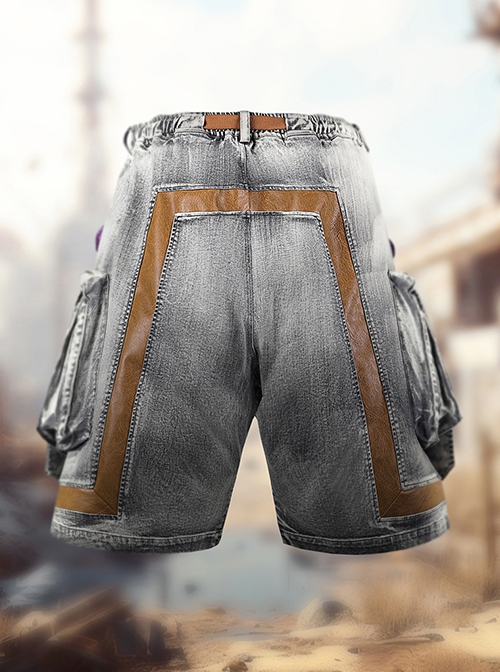 Summer Meteorite Gray Washed Distressed Denim Stitching Leather Three-Dimensional Double-Layer Pocket Cyberpunk Short Pants