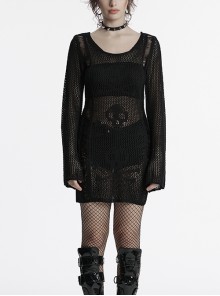 Sexy Black Hollow Knit Design Punk Style Cool Skull Pattern Slim Fit Long Trumpet Sleeves Dress
