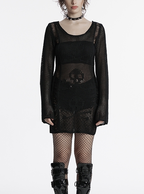 Sexy Black Hollow Knit Design Punk Style Cool Skull Pattern Slim Fit Long Trumpet Sleeves Dress