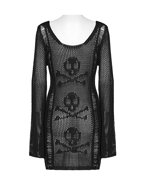 Sexy Black Hollow Knit Design Punk Style Cool Skull Pattern Slim Fit Long Trumpet Sleeves Dress