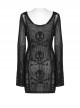 Sexy Black Hollow Knit Design Punk Style Cool Skull Pattern Slim Fit Long Trumpet Sleeves Dress