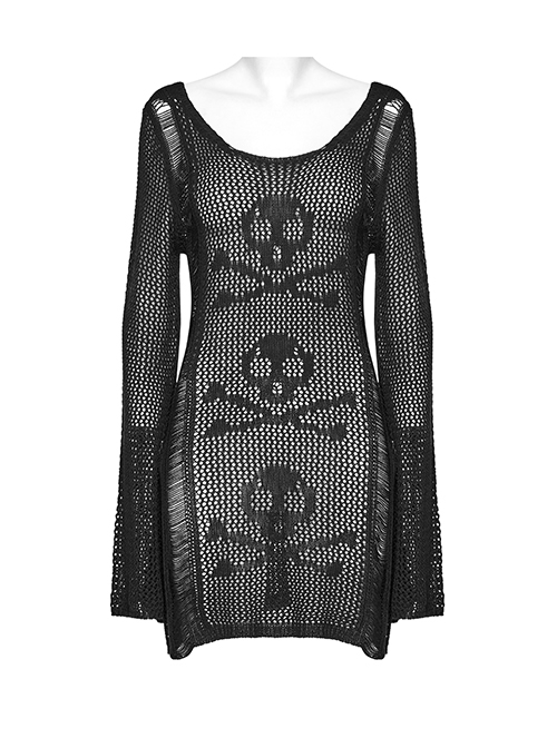 Sexy Black Hollow Knit Design Punk Style Cool Skull Pattern Slim Fit Long Trumpet Sleeves Dress