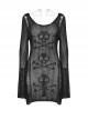 Sexy Black Hollow Knit Design Punk Style Cool Skull Pattern Slim Fit Long Trumpet Sleeves Dress