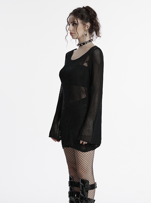 Sexy Black Hollow Knit Design Punk Style Cool Skull Pattern Slim Fit Long Trumpet Sleeves Dress