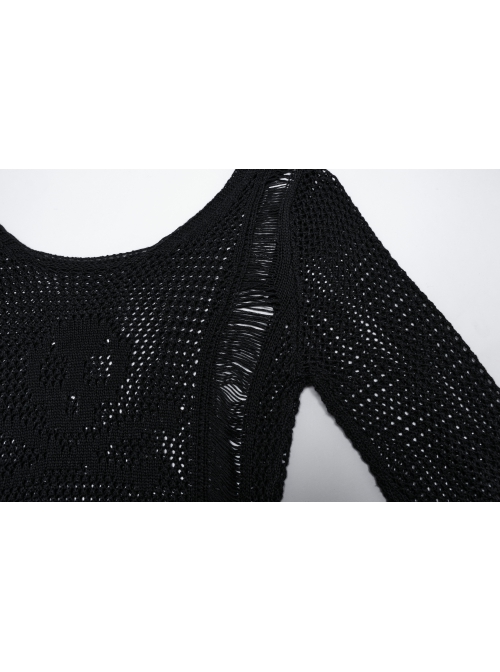 Sexy Black Hollow Knit Design Punk Style Cool Skull Pattern Slim Fit Long Trumpet Sleeves Dress