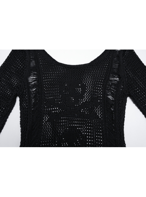 Sexy Black Hollow Knit Design Punk Style Cool Skull Pattern Slim Fit Long Trumpet Sleeves Dress