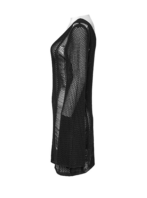 Sexy Black Hollow Knit Design Punk Style Cool Skull Pattern Slim Fit Long Trumpet Sleeves Dress