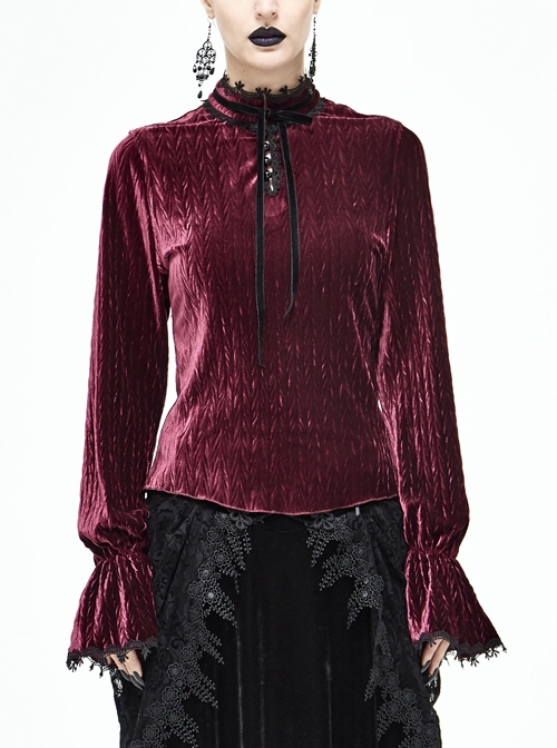 Pleated Velvet High Collar Small Lantern Sleeve Lace Cuff Wine Red Gothic Blouse