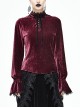 Pleated Velvet High Collar Small Lantern Sleeve Lace Cuff Wine Red Gothic Blouse