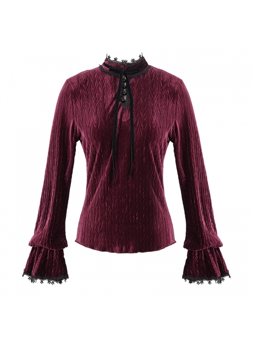 Pleated Velvet High Collar Small Lantern Sleeve Lace Cuff Wine Red Gothic Blouse