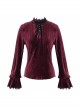 Pleated Velvet High Collar Small Lantern Sleeve Lace Cuff Wine Red Gothic Blouse