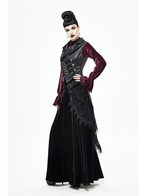 Pleated Velvet High Collar Small Lantern Sleeve Lace Cuff Wine Red Gothic Blouse
