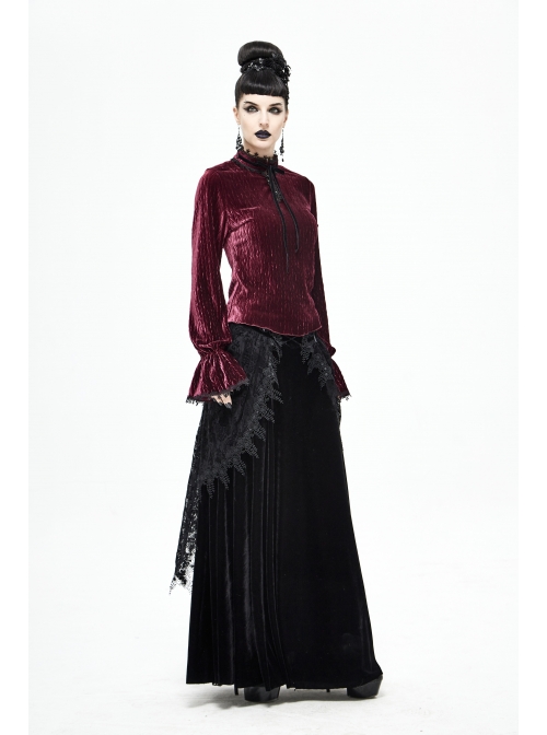 Pleated Velvet High Collar Small Lantern Sleeve Lace Cuff Wine Red Gothic Blouse