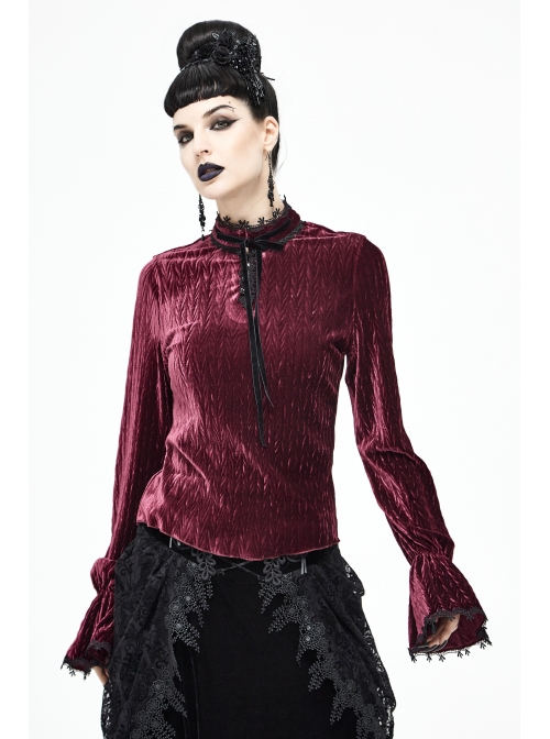 Pleated Velvet High Collar Small Lantern Sleeve Lace Cuff Wine Red Gothic Blouse