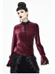 Pleated Velvet High Collar Small Lantern Sleeve Lace Cuff Wine Red Gothic Blouse