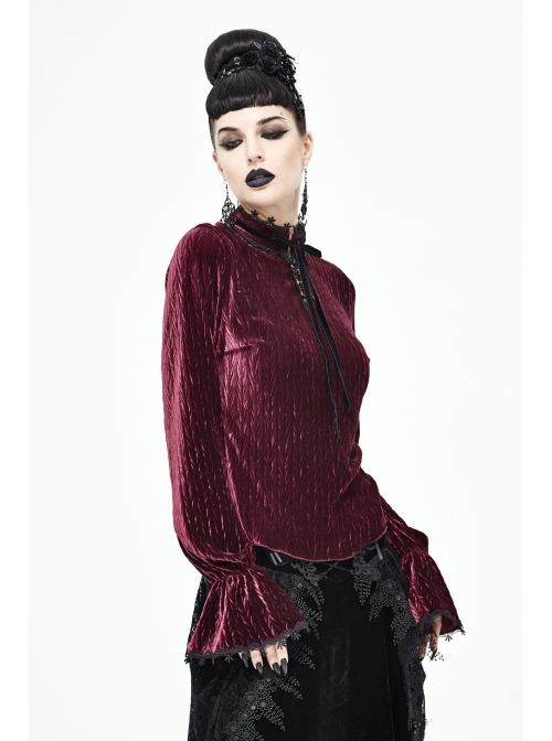 Pleated Velvet High Collar Small Lantern Sleeve Lace Cuff Wine Red Gothic Blouse