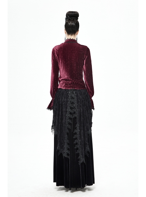Pleated Velvet High Collar Small Lantern Sleeve Lace Cuff Wine Red Gothic Blouse