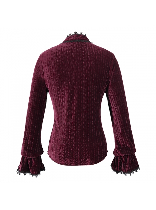 Pleated Velvet High Collar Small Lantern Sleeve Lace Cuff Wine Red Gothic Blouse
