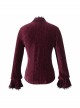 Pleated Velvet High Collar Small Lantern Sleeve Lace Cuff Wine Red Gothic Blouse